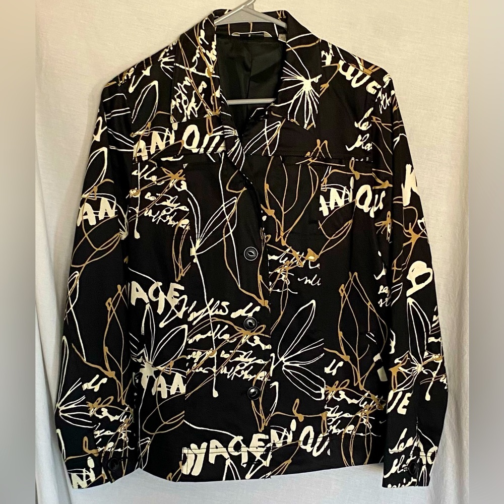 Laura Ashley Black Abstract Lined Button-Up Jacket. Womens Size Small.